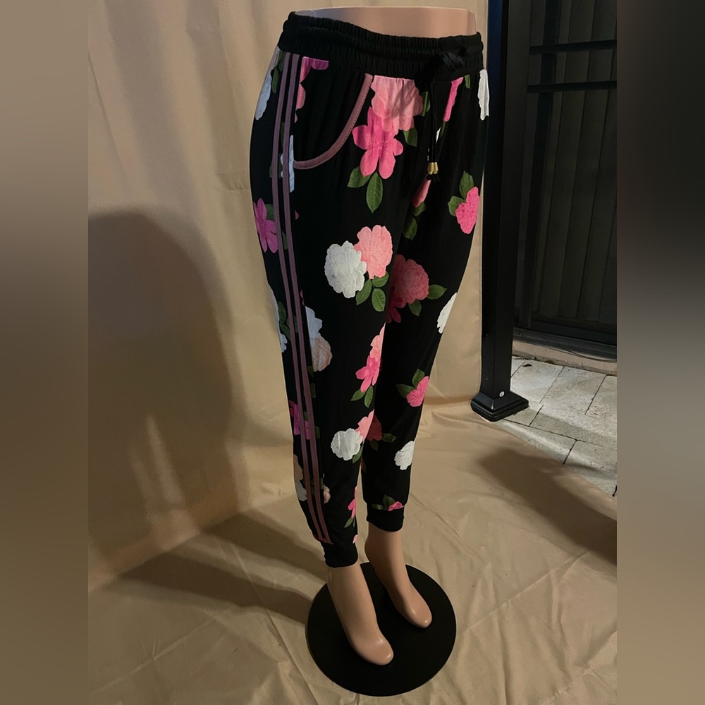 Indero BLACK Flower Side Stripped Casual Jogger